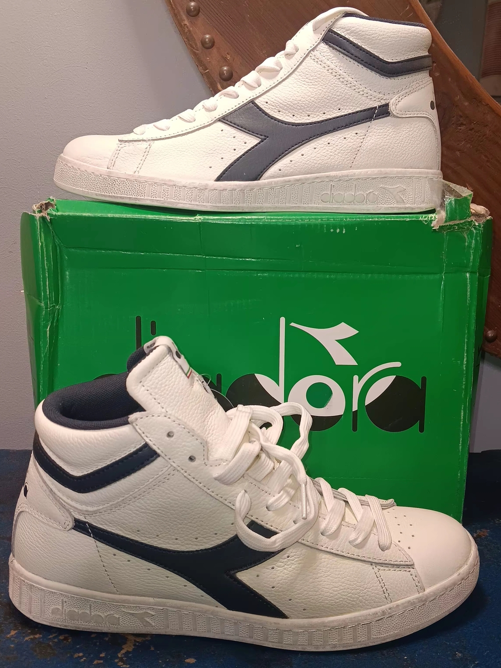 Diadora Leather High-Top Sneakers — White with Navy Accent